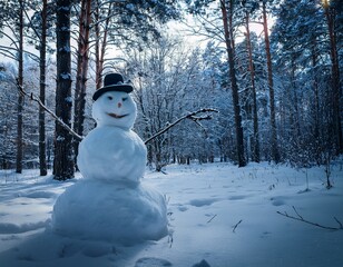 Anxious snowman stands alone in a quiet, mysterious forest. Surreal winter scene with eerie atmosphere, perfect for storytelling, fantasy, and seasonal concepts.