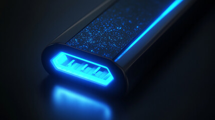 Close up of USB port emitting faint blue glow in hyperrealistic style representing modern technology connection data transfer and digital interface concept with futuristic minimal aesthetic