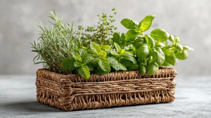 Naklejka premium A woven basket filled with vibrant fresh herbs brings life to a kitchen counter.