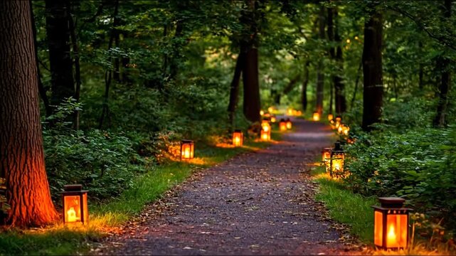 Peaceful evening stroll: illuminated forest path with glowing lanterns guiding the way through lush woods