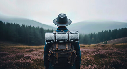 Person with backpack exploring mountains and forest. A scenic back view capturing solitude. Adventure lifestyle, nature escape, wanderlust spirit.