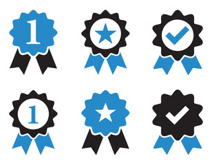 set of icons, Collection of Award Ribbons and Badges Featuring First Place Stars and Checkmarks for Recognition and Achievement	