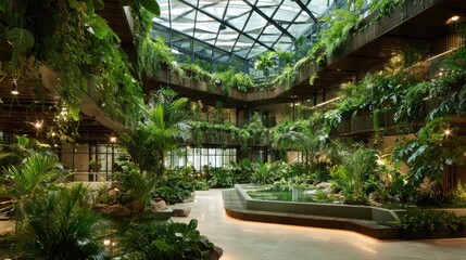 Obraz premium Visitors enjoy lush greenery and tranquil water features in a bright spacious indoor garden.
