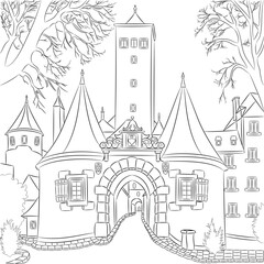 Vector drawing of ancient city gate in Rothenburg ob der Tauber