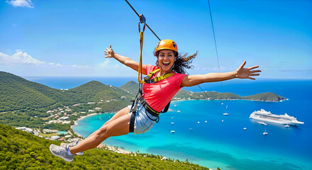 Woman ziplining over tropical island, arms outstretched. A dynamic long shot of adventurous excitement. Adrenaline rush, island adventure, vacation vibes.