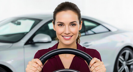 Woman smiles, holding a car's steering wheel in a showroom. An attractive, happy portrait with confidence. Transportation, driving experience, automotive industry.
