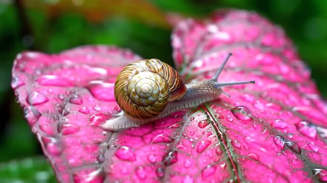 A small snail with a spiral shell slowly crawls across a vibrant pink leaf covered in glistening raindrops showcasing the delicate beauty of nature after a refreshing shower.