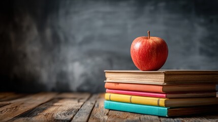 Red Apple on Stack of Colorful Books