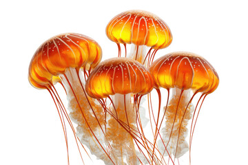 Jellyfish cluster, orange with flowing tendrils, on black