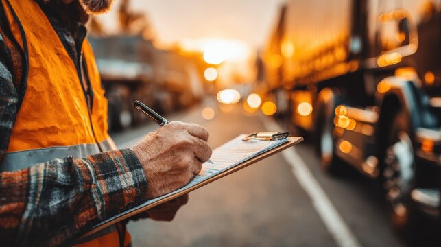 Logistics worker checking inventory on clipboard at sunset