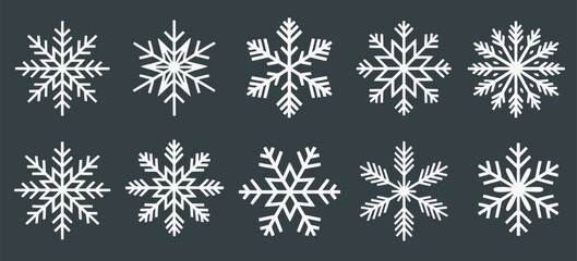 Winter snowflake collection, isolated vector illustrations, hand-drawn icy designs, decorative frozen patterns, Christmas holiday elements, festive winter graphics, snowflake icons, seasonal decoratio