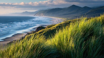 Coastal Landscape with Lush Green Grass and Ocean View