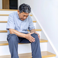 膝が痛い中年男性　自宅の階段で膝を押さえる