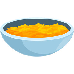 A light blue bowl filled with shredded bright orange cheddar cheese isolated on a transparent background