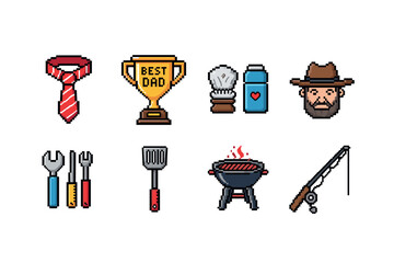 Pixel art father's day icons: tools, bbq, trophy, tie, shaving, fishing, dad hat. Vector illustration