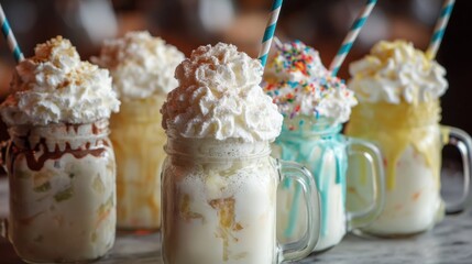 Five delicious milkshakes with whipped cream and toppings sit ready to enjoy in cheerful jars.