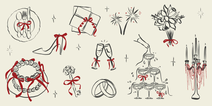 Naklejki Doodle coquette wedding elements. Vintage cute symbols with ribbon and bow in simple crayon sketch style. Trendy art for Valentine day and bachelorette invitations. Whimsical vector illustration