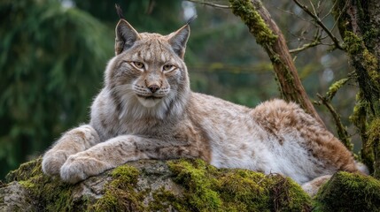 Obraz premium A lynx relaxes comfortably on a mossy stone surrounded by lush green trees and peaceful nature.