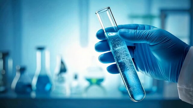 Clean hydrogen production experiment in modern laboratory, scientists gloved hand carefully holds test tube with reactive liquid for green energy innovation