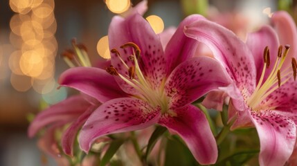 Fototapeta premium Vibrant pink lilies create a warm atmosphere enhancing the cozy indoor space with lovely lights.