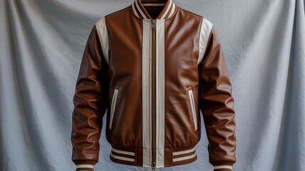 Brown Leather Bomber Jacket with White Stripes and Ribbed Collar and Cuffs brown leather jacket