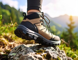 Close Up Of Hiking Boot On A Rocky Terrain Against A Blurred Green Forest Background With Lens Flare