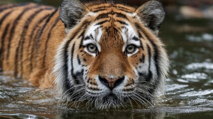 Fototapeta premium A striking tiger splashes gently as it moves through clear water showcasing its powerful presence and vibrant fur.