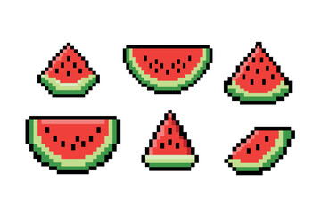 Obraz premium Retro pixel art of watermelon slices in various styles and shapes. Vector illustration