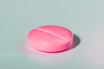 Pink tablet on a light blue/white background. Close-up of a Single Pink Round Tablet Pill on a Light Background, Split Line Visible.