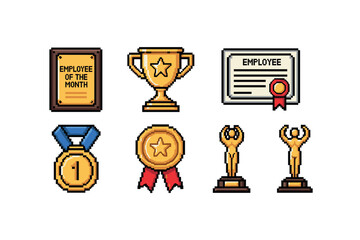 Pixel art employee awards: trophies, medals, and certificates collection. Vector illustration