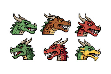 Naklejka premium Pixel art dragon heads: green, brown, red variants with horns and expressions. Vector illustration