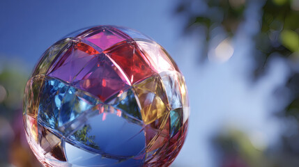 A crystal-clear geodesic sphere made of multicolored glass panels, reflecting vivid hues of red, blue, yellow, and purple under bright sunlight against, blue sky