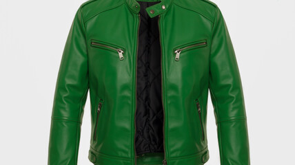 Green Faux Leather Biker Jacket with Zipper Details and Quilted Black Lining green jacket leather jacket