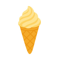 Flat vector illustration of a vanilla ice cream cone with waffle texture, cute minimal design, white background.