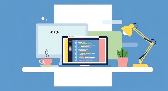 Modern Web Developer Workspace with Laptop and Code.