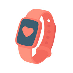 Flat vector illustration of a pink smartwatch with heart icon, modern cute design, white background.