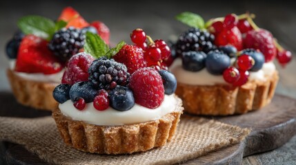 Colorful berry tarts topped with raspberries blackberries and strawberries create a sweet delight.