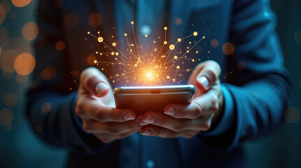 Hands connecting digital world via mobile phone interface with abstract technology. Hands connecting digital world through glowing sphere and network of connections demonstrates modern tech.