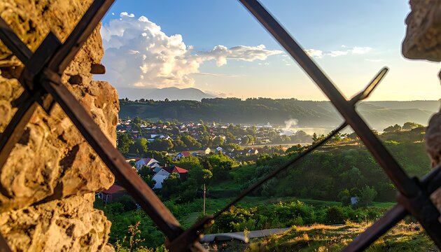 View from an old stone window overlooking a green valley.