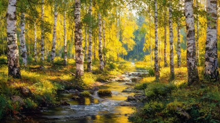 Obraz premium Sunlight filters through tall birch trees casting a warm glow over a quiet creek in the forest.