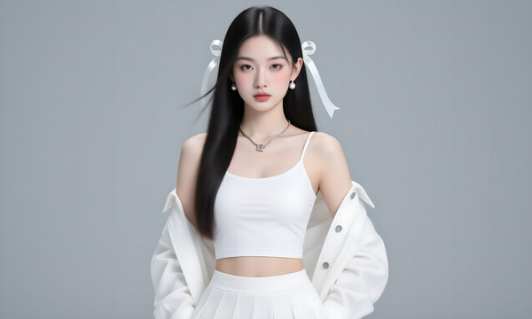 Beautiful Young Asian Woman in White Trendy Outfit Posing Confidently in Studio