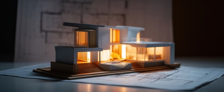 The modern architectural model of a contemporary illuminated house on design blueprints