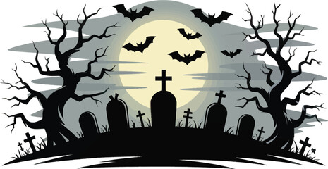 Spooky Halloween graveyard scene with bats and bare trees, perfect for seasonal designs, parties, and horror themes vector illustration