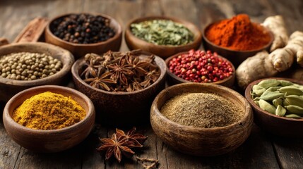 Fototapeta premium Colorful selection of spices displayed in wooden bowls showcasing rich textures and earthy tones.
