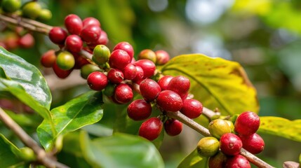 Bright red and green coffee cherries grow abundantly on branches surrounded by vibrant leaves.