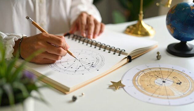 Person Sketching Celestial Map With Pencil On Notebook Beside Globe and Decorative Objects on White Table
