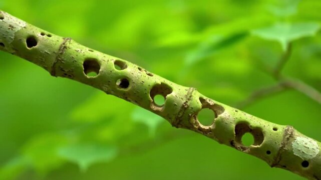 A close-up shot reveals a vibrant green tree branch intricately riddled with numerous circular holes, indicative of natural wear, decay, or potential insect activity. The detailed patterns of the dama