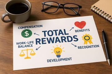 Total rewards concept on a wooden desk with coffee for the concept of business and compensation.