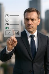 A businessman interacting with an interface of business concept.