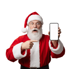 Shocked Santa Claus in Close-Up Pointing to a Vertical Smartphone with a Blank White Screen